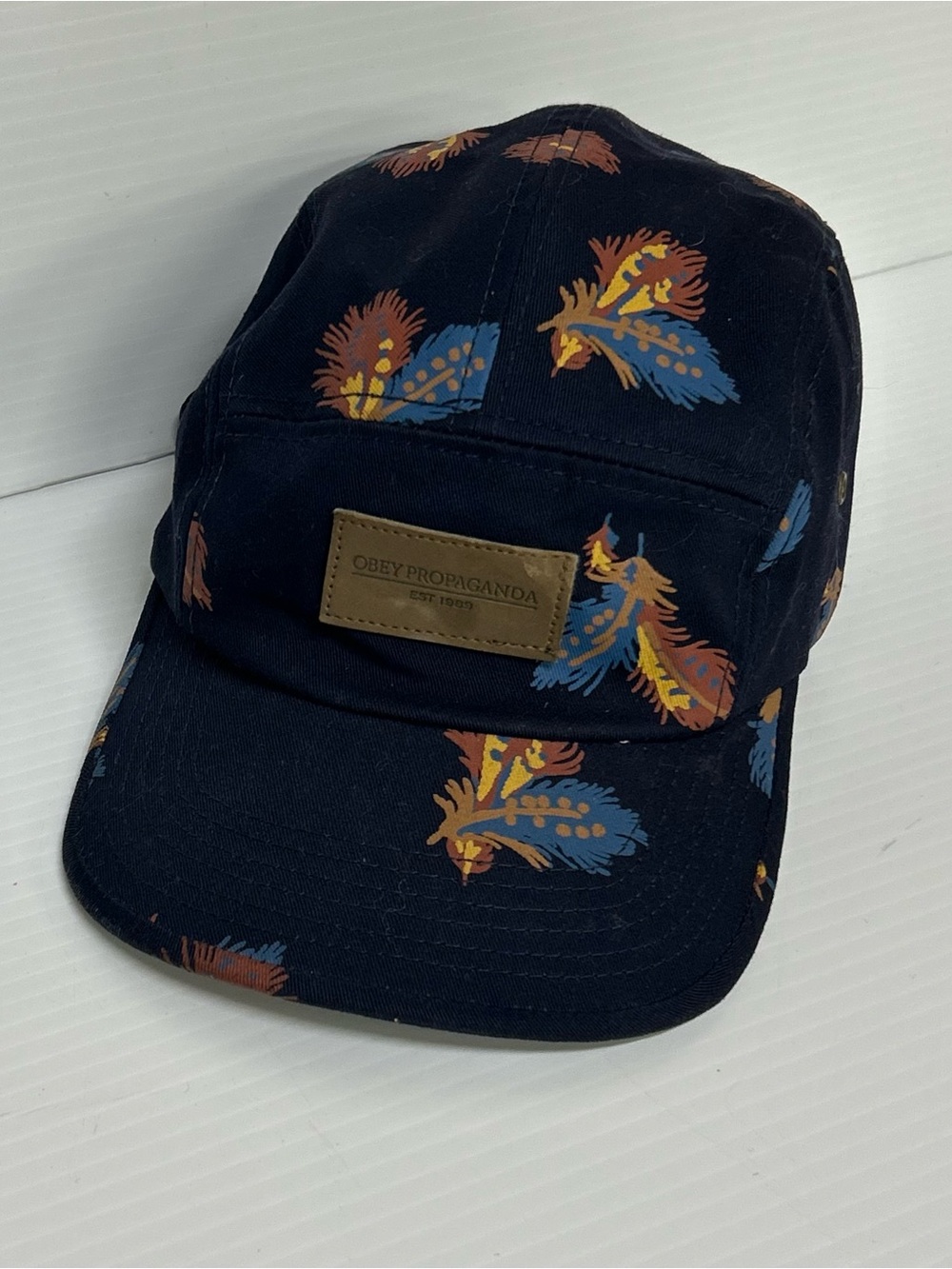 Obey Five Panel Leather Strap Back Hat One Size Blue